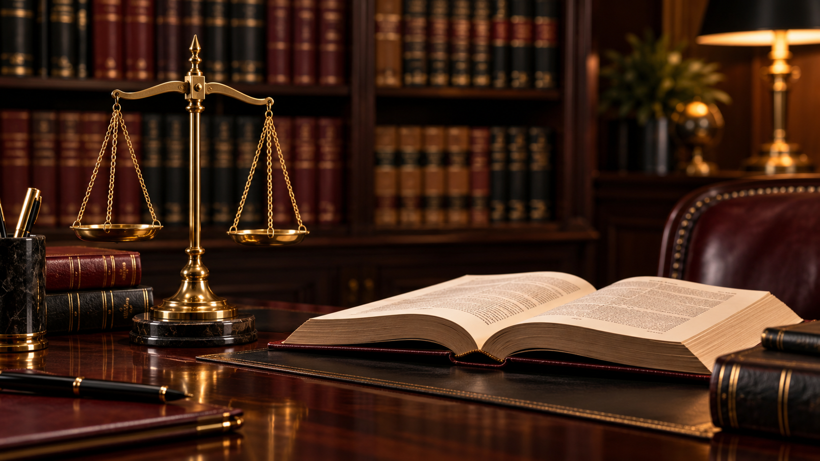 Elegant law office still life with scales of justice, books, and an open legal volume